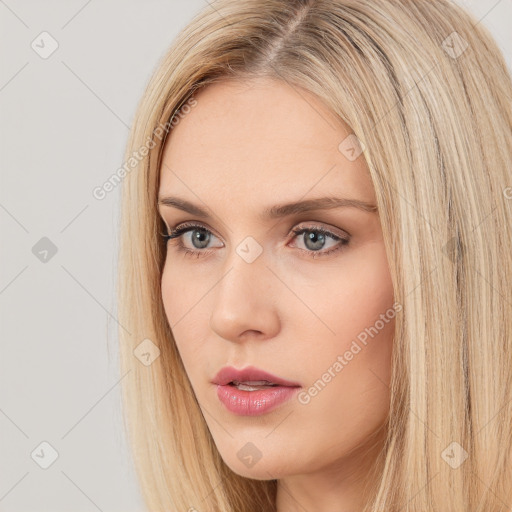 Neutral white young-adult female with long  brown hair and brown eyes