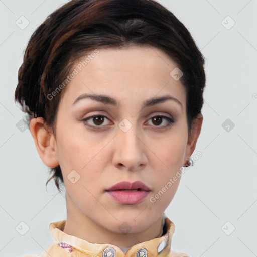 Neutral white young-adult female with medium  brown hair and brown eyes