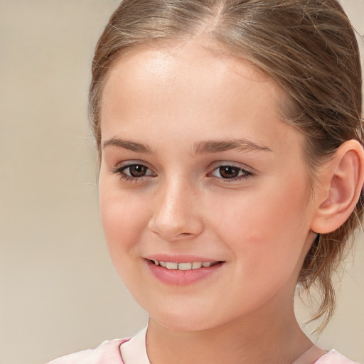 Joyful white child female with medium  brown hair and brown eyes