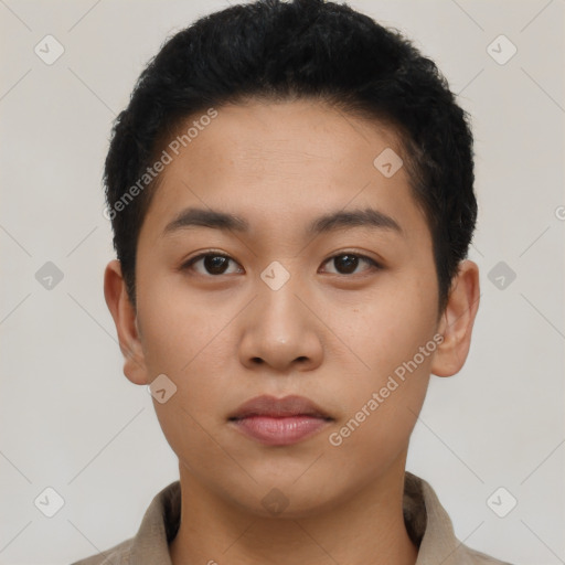 Neutral asian young-adult male with short  black hair and brown eyes
