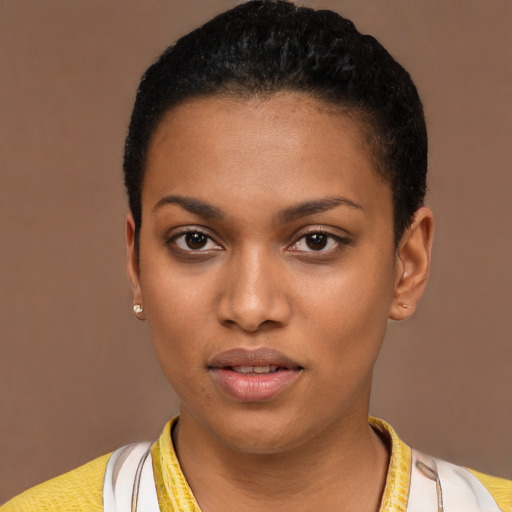 Neutral black young-adult female with short  brown hair and brown eyes