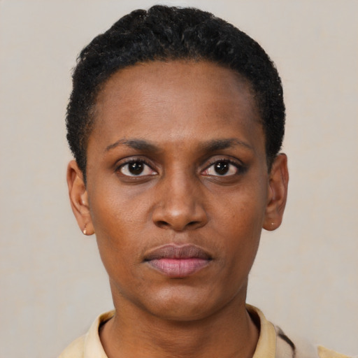 Neutral black young-adult female with short  brown hair and brown eyes