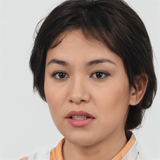 Neutral white young-adult female with medium  brown hair and brown eyes
