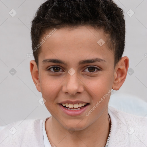 Joyful white child male with short  brown hair and brown eyes