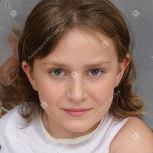 Joyful white child female with medium  brown hair and brown eyes