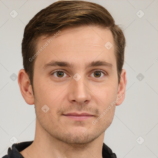 Neutral white young-adult male with short  brown hair and grey eyes