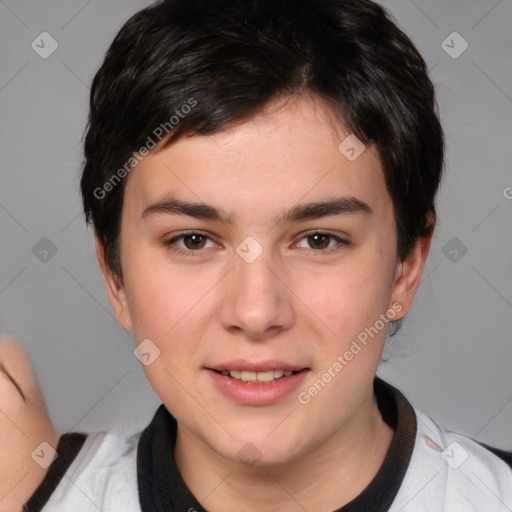 Joyful white young-adult male with medium  brown hair and brown eyes