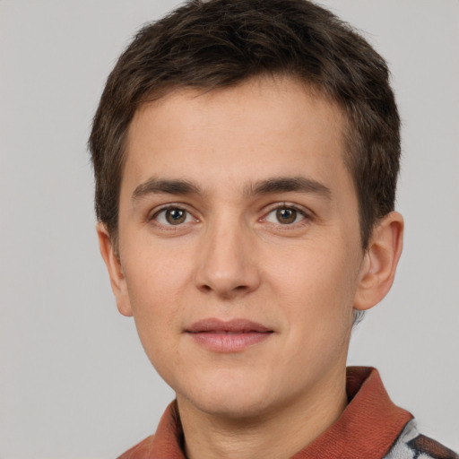 Neutral white young-adult male with short  brown hair and brown eyes