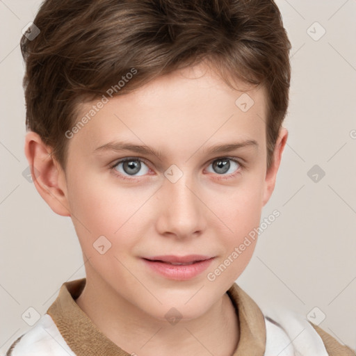 Joyful white child female with short  brown hair and grey eyes