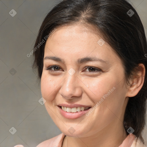 Joyful white young-adult female with medium  brown hair and brown eyes