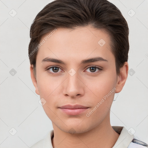 Neutral white young-adult female with short  brown hair and brown eyes