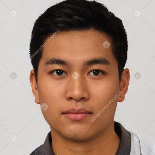 Neutral asian young-adult male with short  black hair and brown eyes