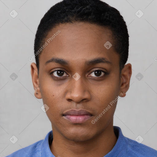Neutral black young-adult male with short  black hair and brown eyes