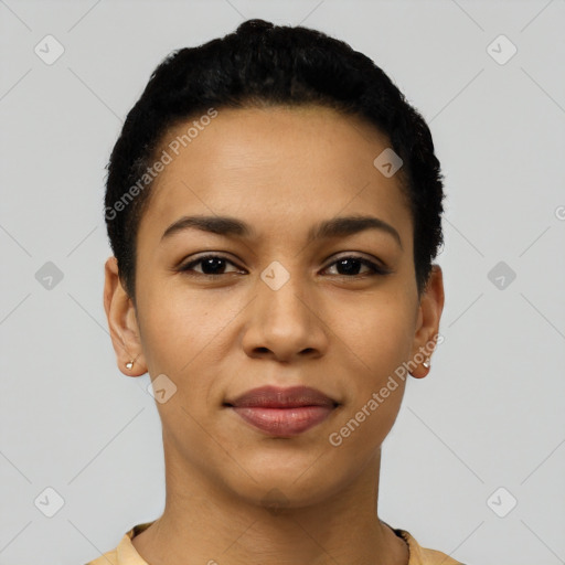 Joyful latino young-adult female with short  black hair and brown eyes