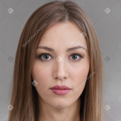 Neutral white young-adult female with long  brown hair and brown eyes