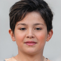 Joyful white child female with short  brown hair and brown eyes