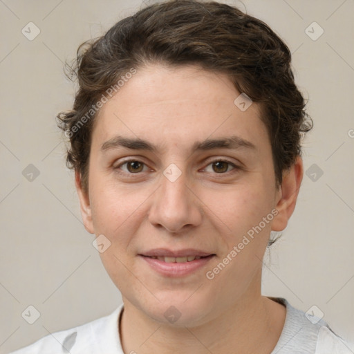 Joyful white adult female with short  brown hair and brown eyes