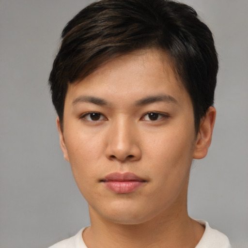 Neutral asian young-adult female with short  brown hair and brown eyes