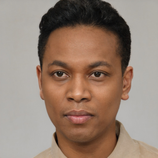 Neutral black young-adult male with short  black hair and brown eyes