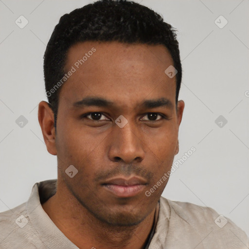 Neutral black young-adult male with short  black hair and brown eyes