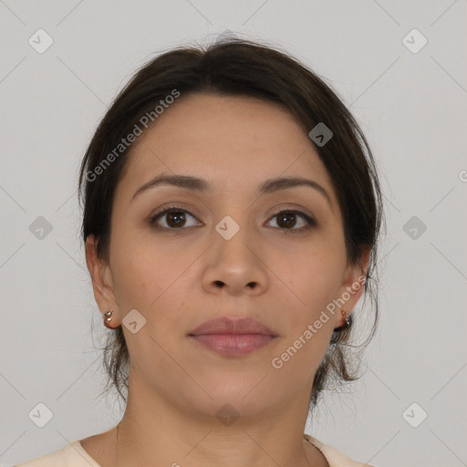 Neutral asian young-adult female with medium  brown hair and brown eyes