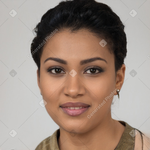 Joyful latino young-adult female with short  black hair and brown eyes