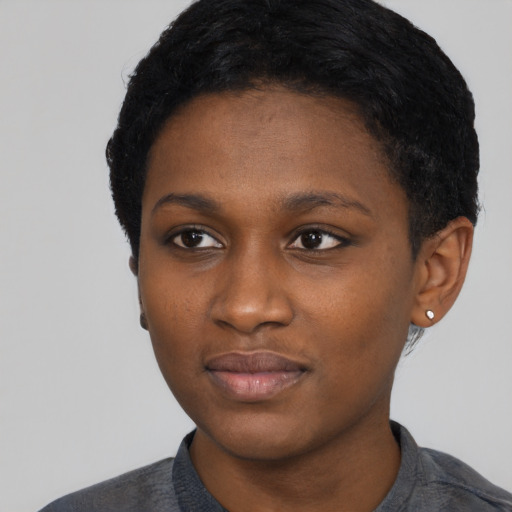 Neutral black young-adult female with short  black hair and brown eyes