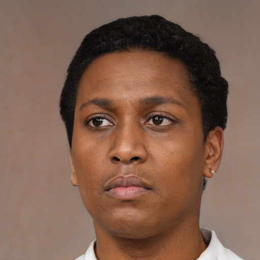 Neutral black young-adult female with short  black hair and brown eyes