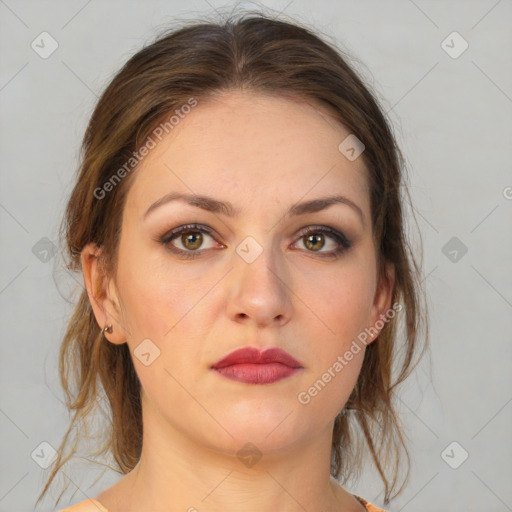 Neutral white young-adult female with medium  brown hair and brown eyes