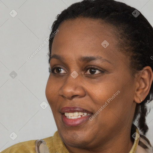 Joyful black adult female with short  brown hair and brown eyes