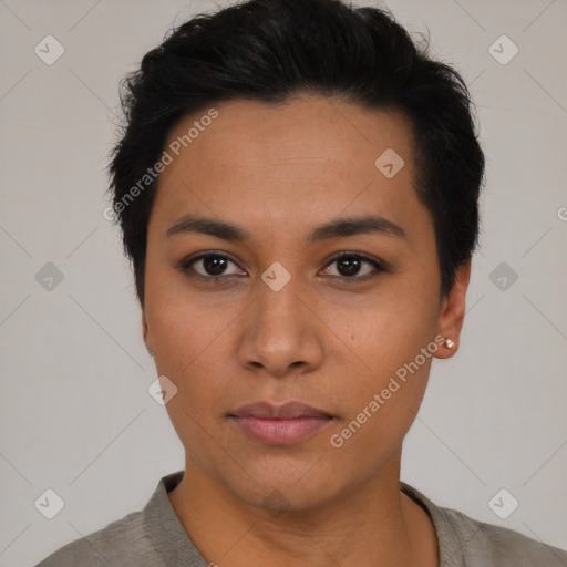 Neutral latino young-adult female with short  black hair and brown eyes