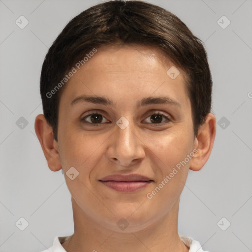 Joyful white young-adult female with short  brown hair and brown eyes