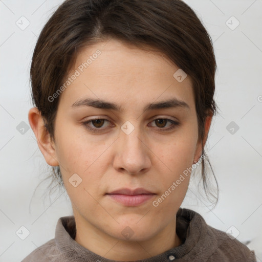 Neutral white young-adult female with short  brown hair and brown eyes