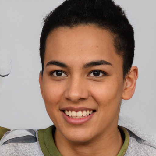 Joyful latino young-adult female with short  brown hair and brown eyes