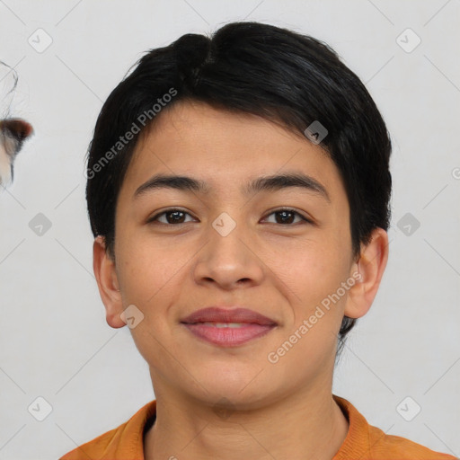 Joyful asian young-adult female with short  brown hair and brown eyes