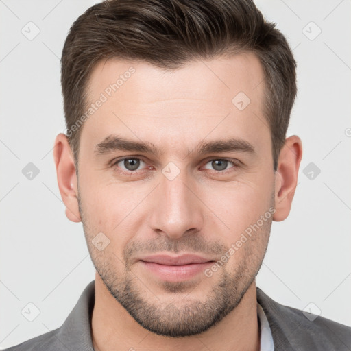 Neutral white young-adult male with short  brown hair and brown eyes