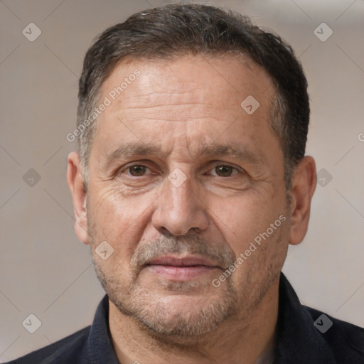 Joyful white middle-aged male with short  brown hair and brown eyes