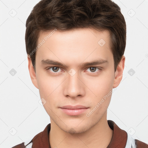 Neutral white young-adult male with short  brown hair and brown eyes