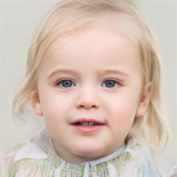 Joyful white child female with medium  brown hair and blue eyes