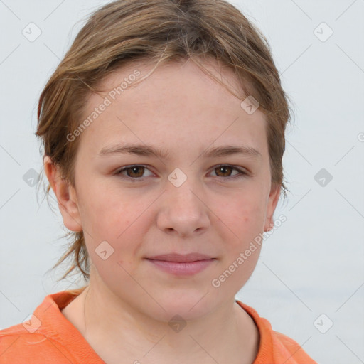 Joyful white child female with medium  brown hair and brown eyes