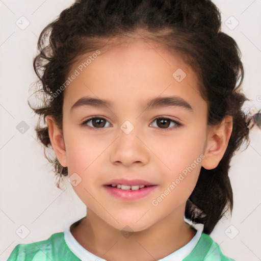 Joyful white child female with medium  brown hair and brown eyes