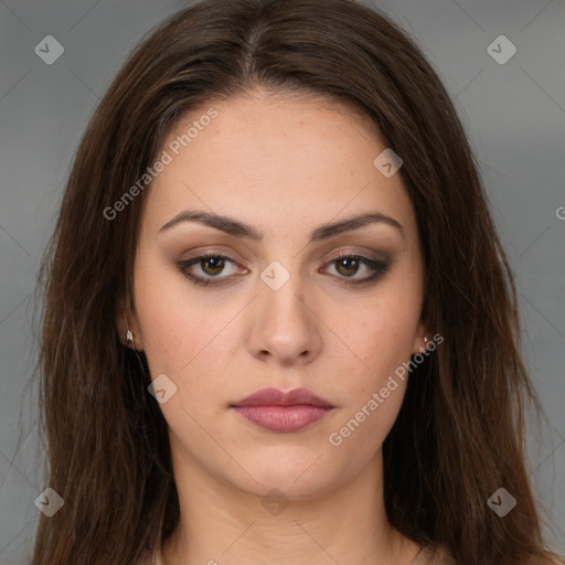 Neutral white young-adult female with long  brown hair and brown eyes