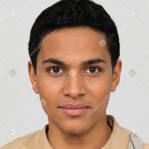 Neutral latino young-adult male with short  black hair and brown eyes