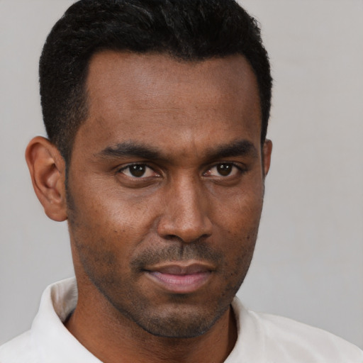 Neutral black young-adult male with short  brown hair and brown eyes