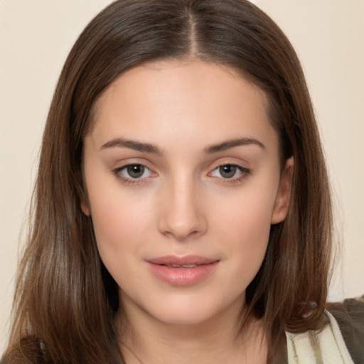 Neutral white young-adult female with medium  brown hair and brown eyes