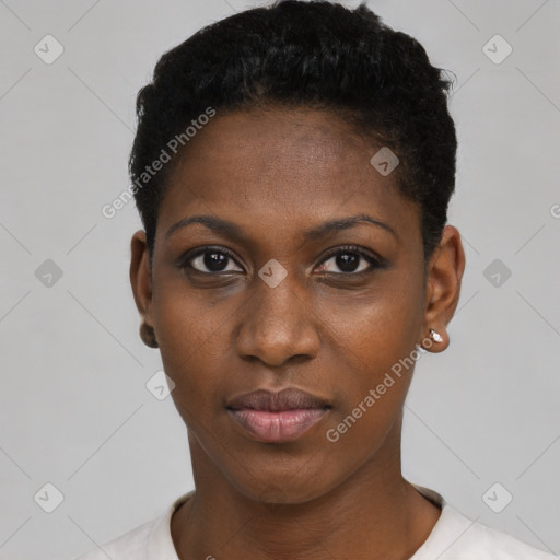 Neutral black young-adult female with short  black hair and brown eyes