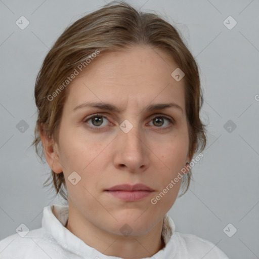 Neutral white young-adult female with medium  brown hair and brown eyes