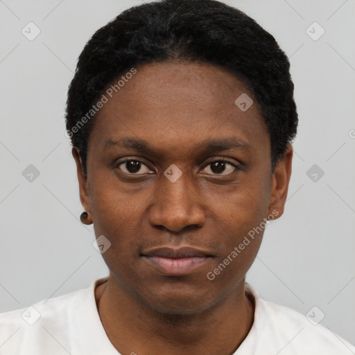 Neutral black young-adult male with short  black hair and brown eyes