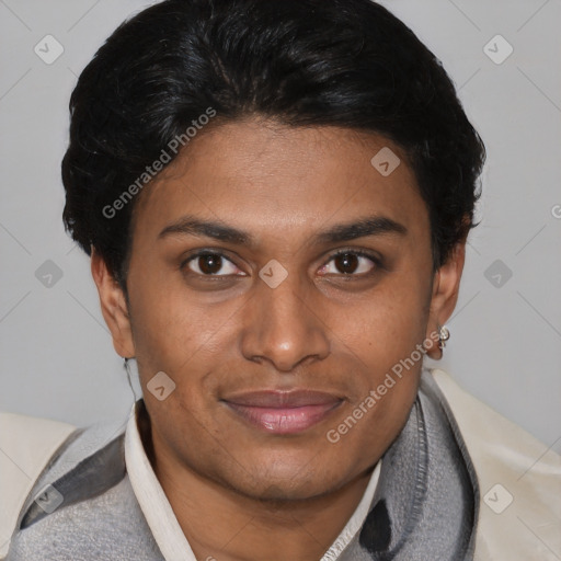 Joyful latino young-adult male with short  brown hair and brown eyes