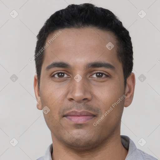 Neutral latino young-adult male with short  black hair and brown eyes